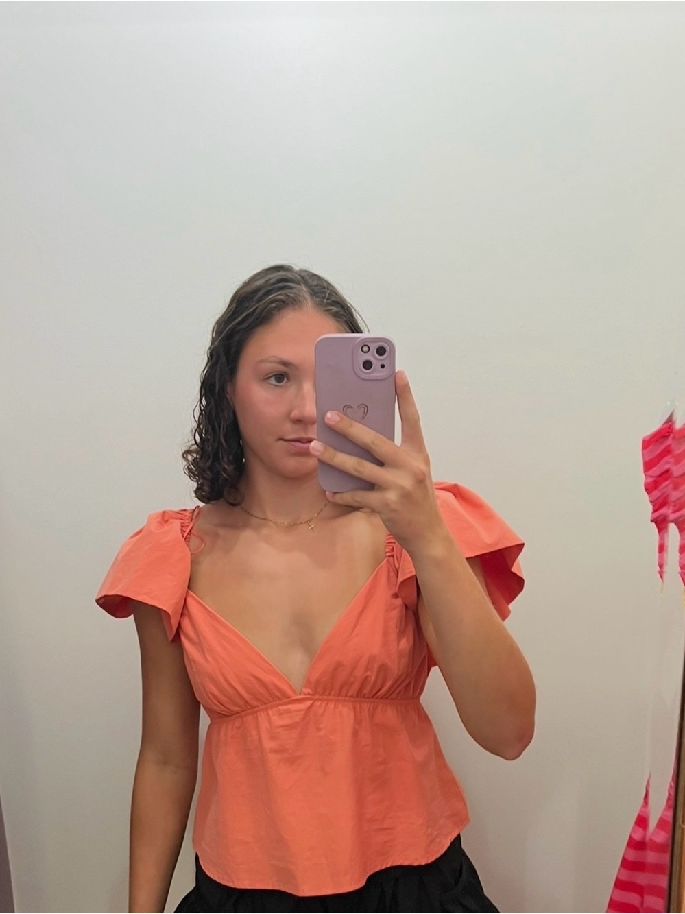 Coral Puff Sleeve V-Neck Top
